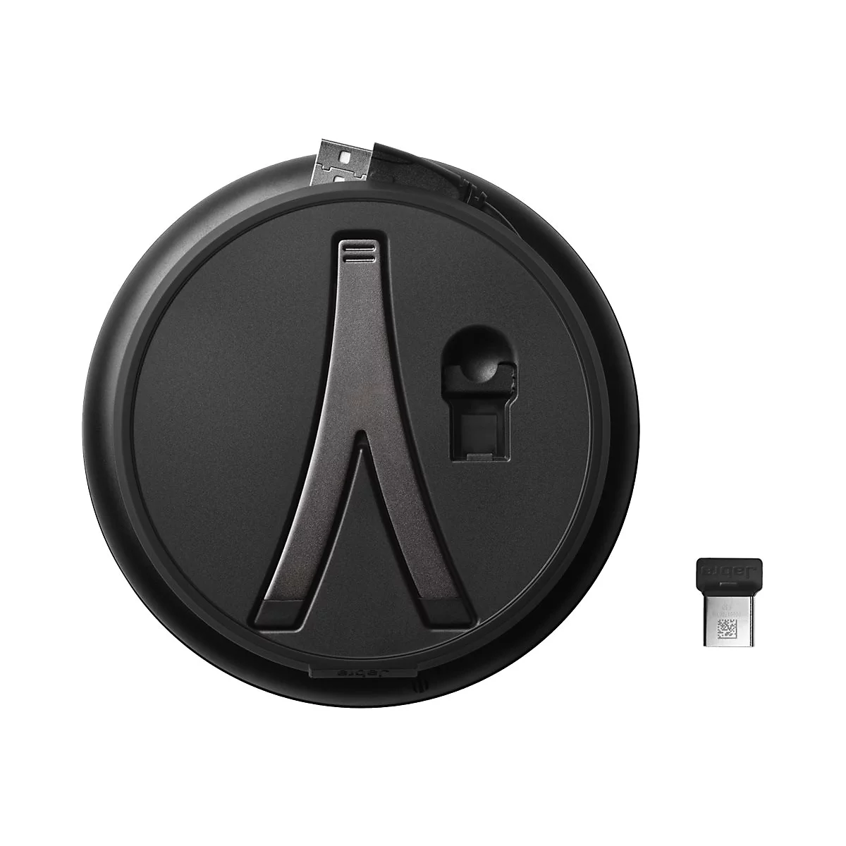 Chargeur noir avec connecteur USB et petite clé USB. Le couvercle est ouvert, révélant un "V" argenté.
