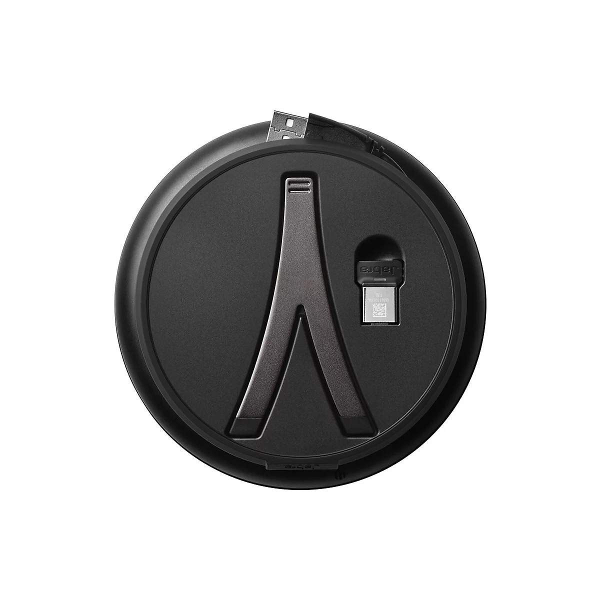 Chargeur rond gris foncé avec connecteur USB inséré et un dongle Jabra argenté. Un support en forme de V au milieu.