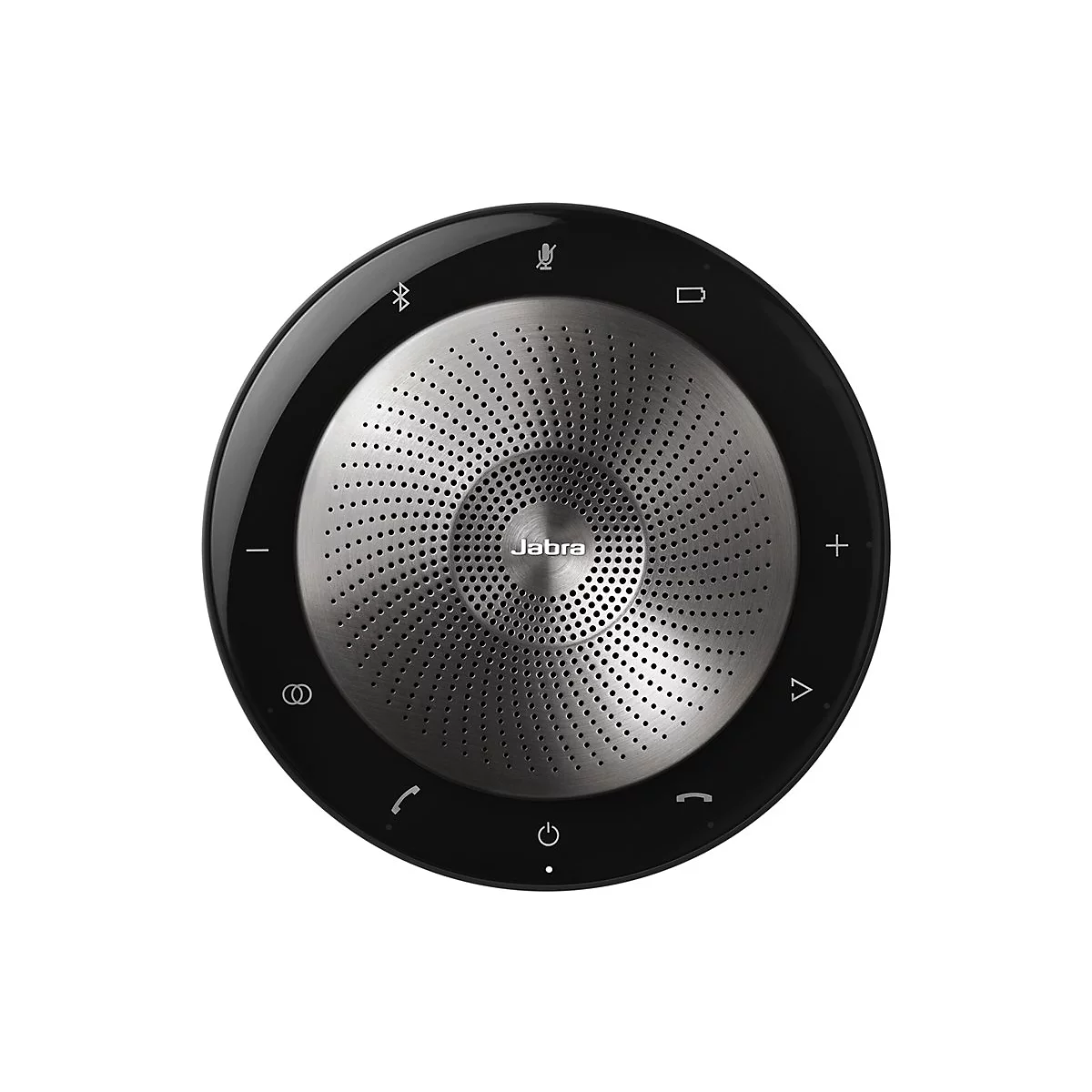 Haut-parleur Jabra rond et noir, grille de haut-parleur centrale argentée, boutons de commande, fond blanc.