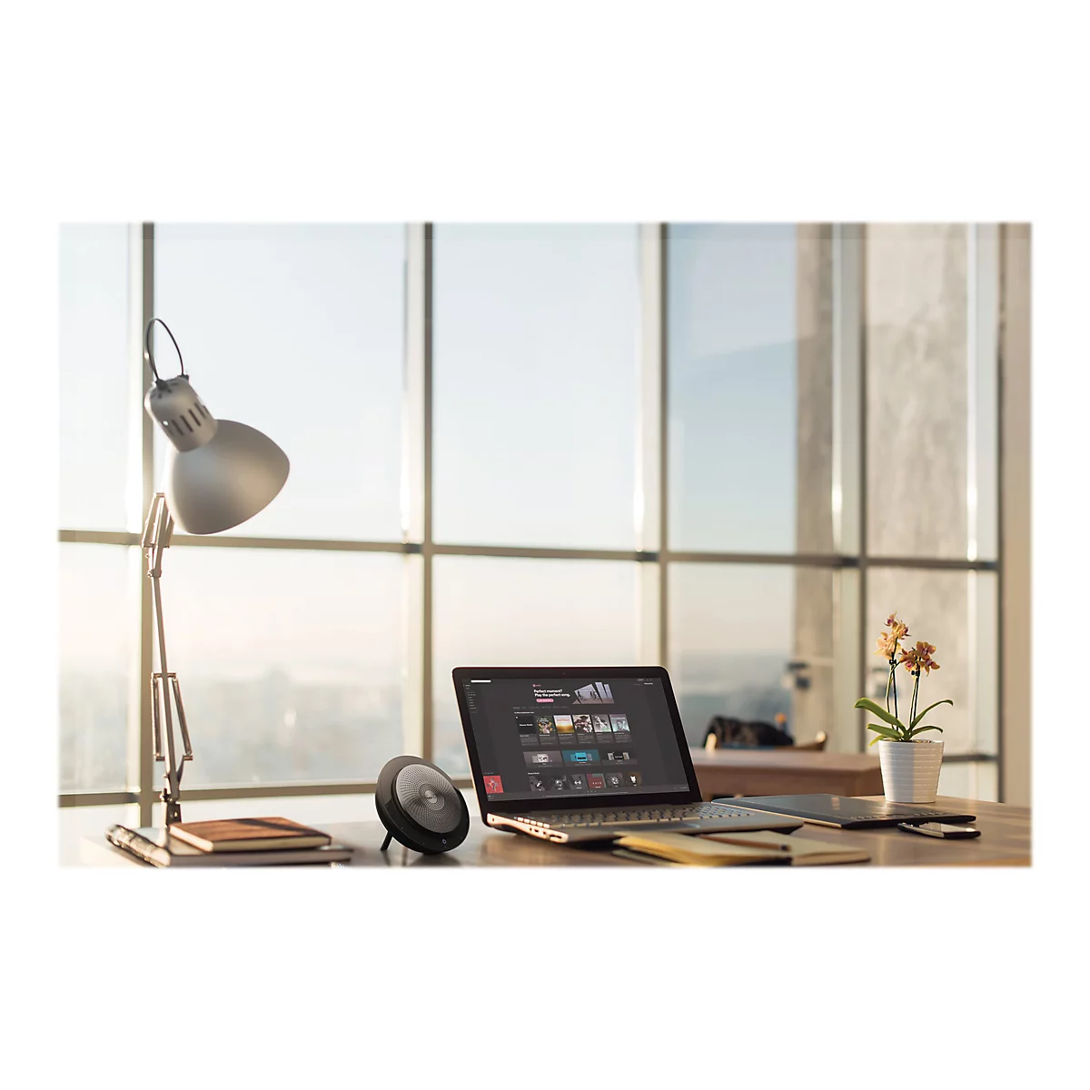Un ordinateur portable avec un Ã©cran ouvert est posÃ© sur un bureau devant une fenÃªtre. Ã€ cÃ´tÃ©, une lampe et une plante.
