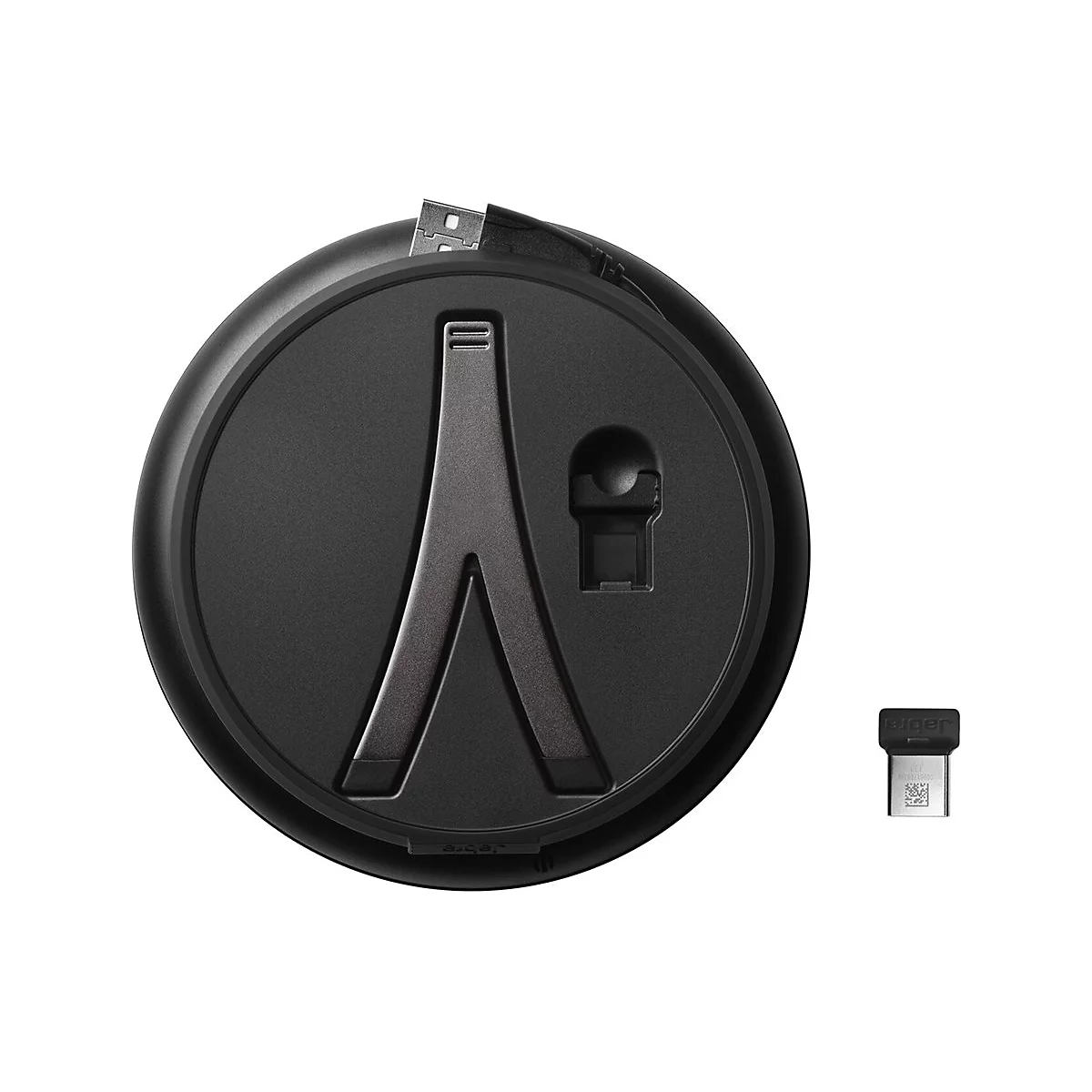 Station de charge Jabra noir rond avec connecteur USB intégré et dongle USB séparé. Support argenté au centre.