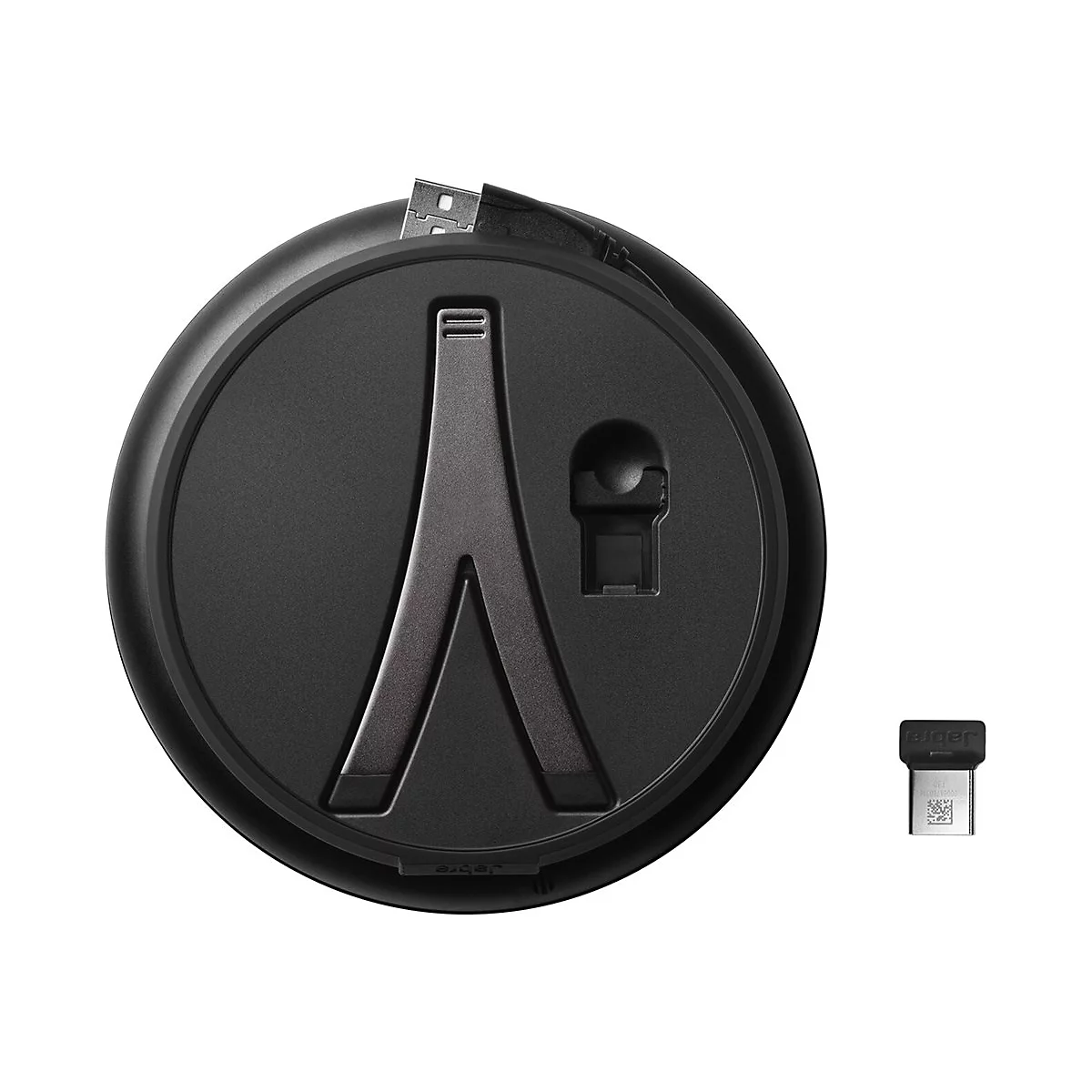 Schwarzes rundes Ladegerät mit Metallhalterung, daneben ein USB-Adapter.