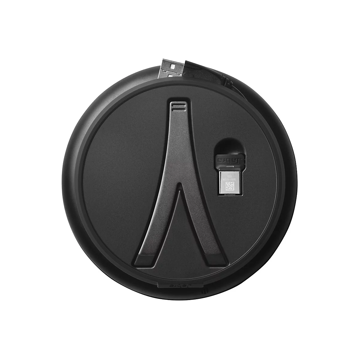 Dunkles, rundes Gerät mit integriertem USB-Anschluss und einer Halterung in A-Form. Auf der Innenseite befindet sich ein Jabra-Dongle.