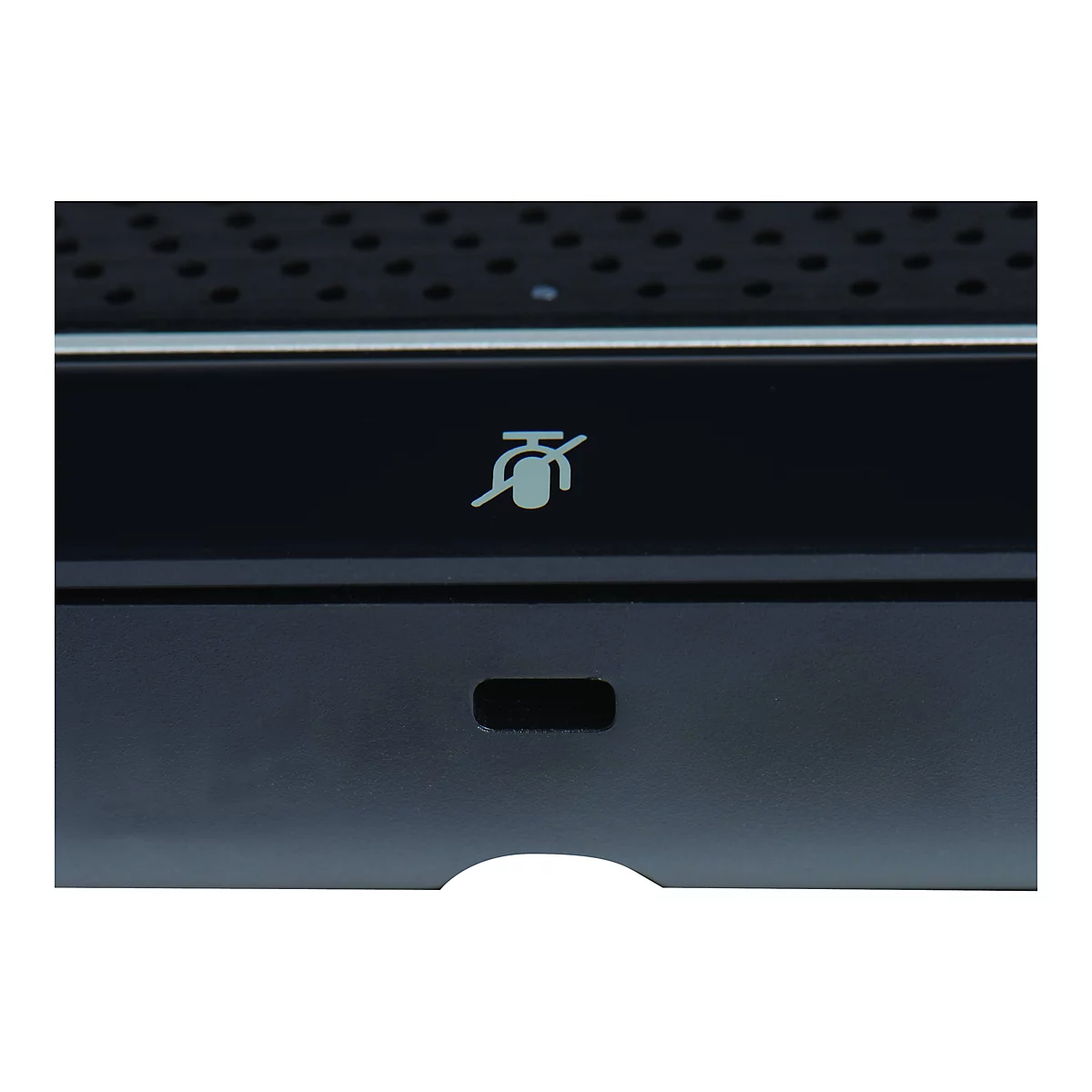 Nahaufnahme eines schwarzen Bedienfelds mit einem Symbol für stummgeschaltetem Mikrofon.