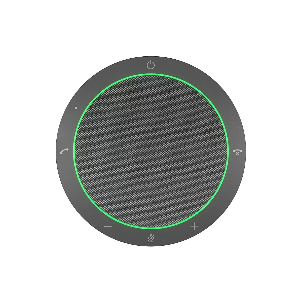 Runder, grauer Konferenzlautsprecher mit grünem Rand und Bedienelementen.