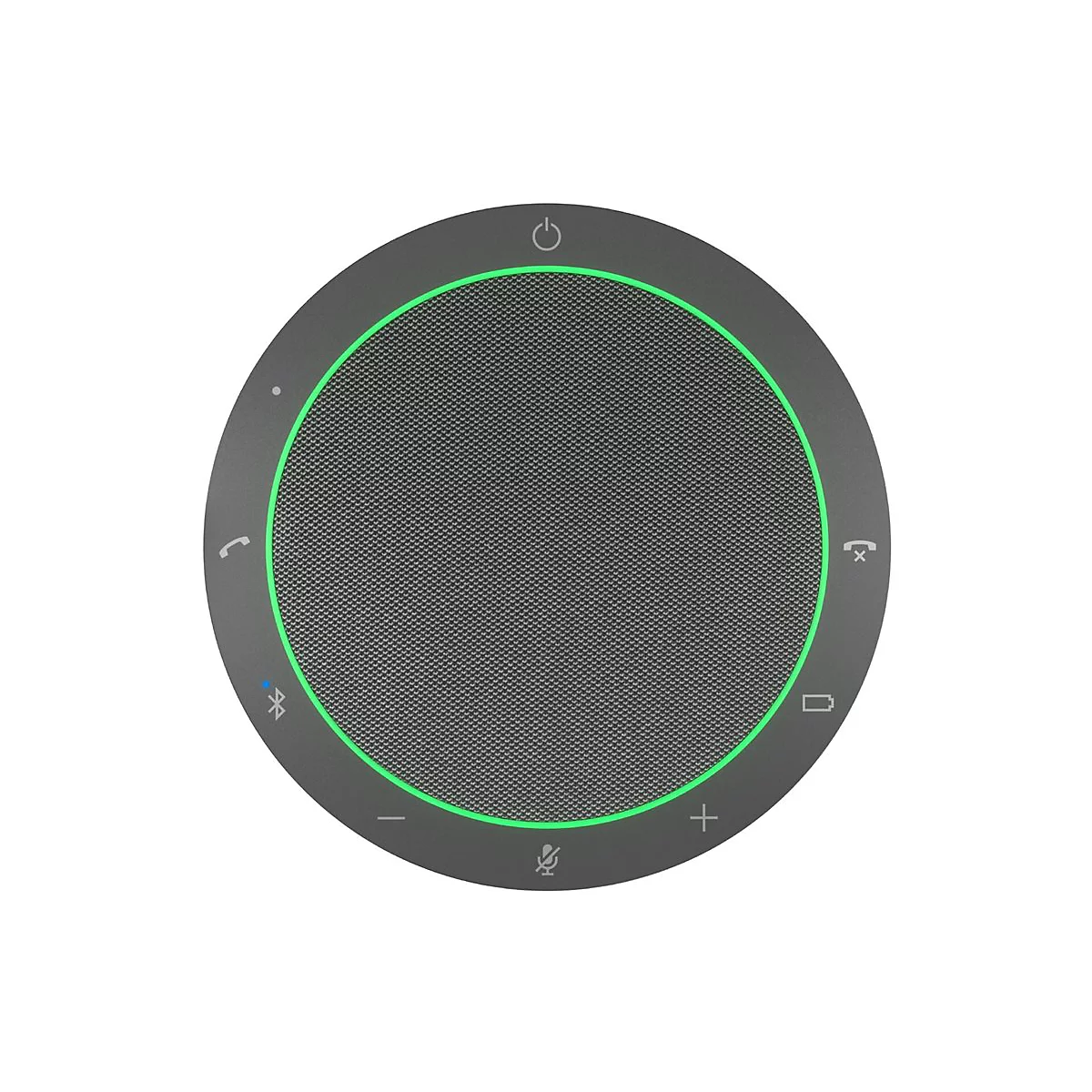 Haut-parleur rond gris avec lumière verte. Bouton d'alimentation en haut, icônes d'appel, Bluetooth, volume et microphone sur le côté.