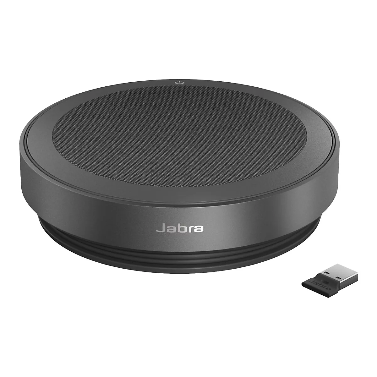 Runder, grauer Lautsprecher mit Jabra-Logo, daneben ein USB-Dongle. Gerät für Konferenzen.