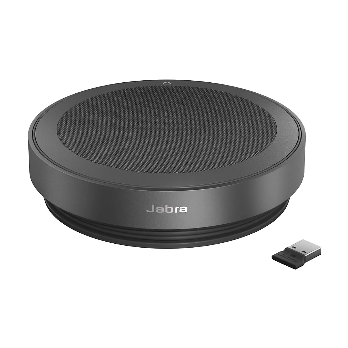Dunkelgrauer Jabra-Konferenzlautsprecher mit USB-Dongle. Der Lautsprecher ist rund und hat ein feines Gitter auf der Oberseite. Jabra-Logo.