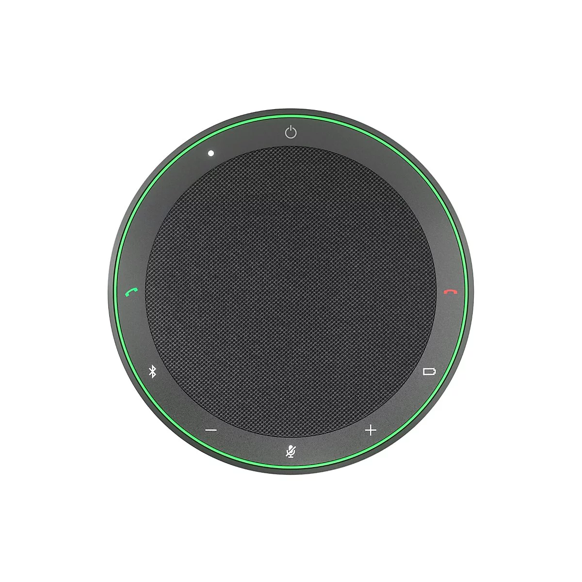 Haut-parleur rond noir avec bordure verte et divers symboles. En haut : bouton marche/arrêt. En bas : microphone et volume.