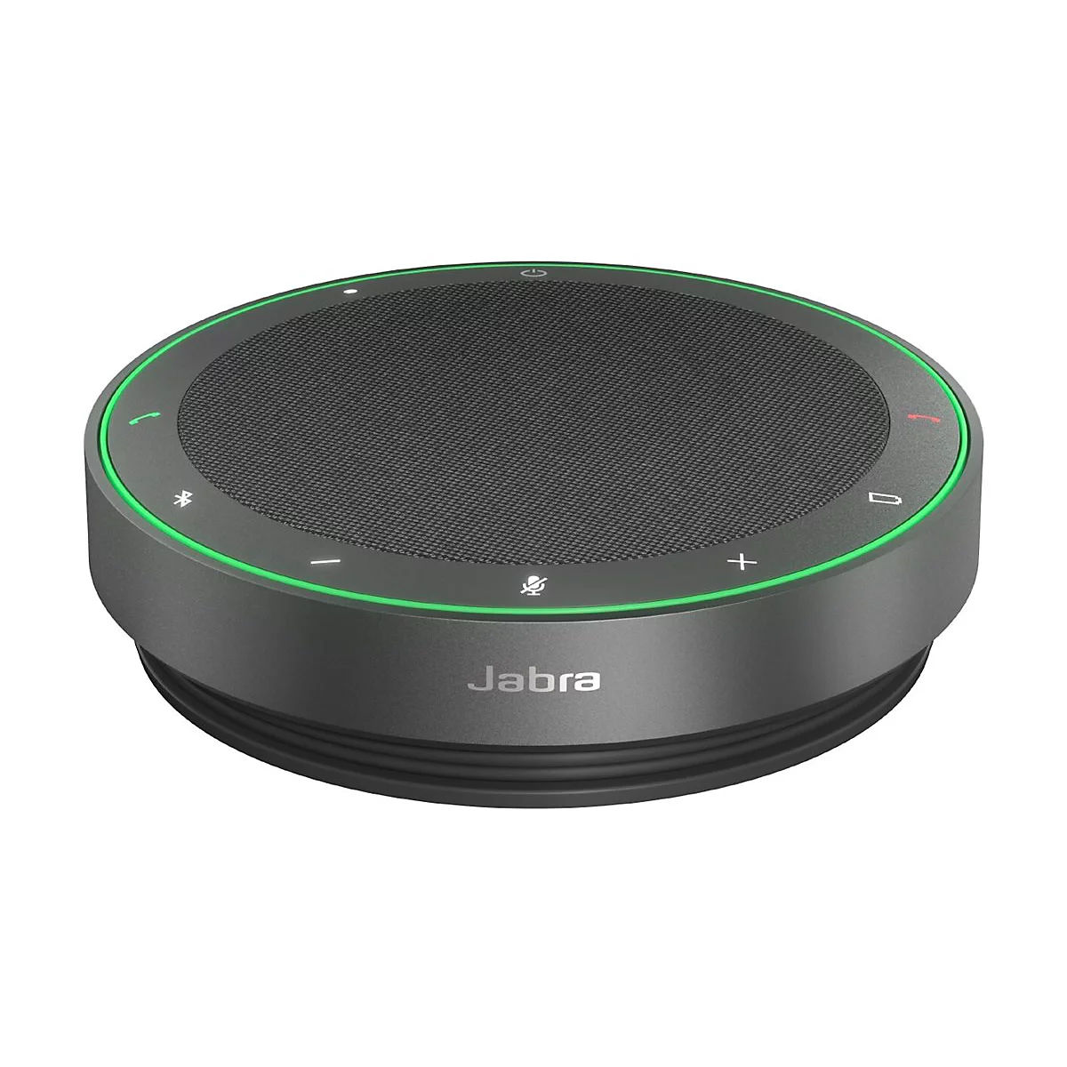 Haut-parleur Jabra rond noir. Il a des commandes vertes sur le dessus et un contour vert.