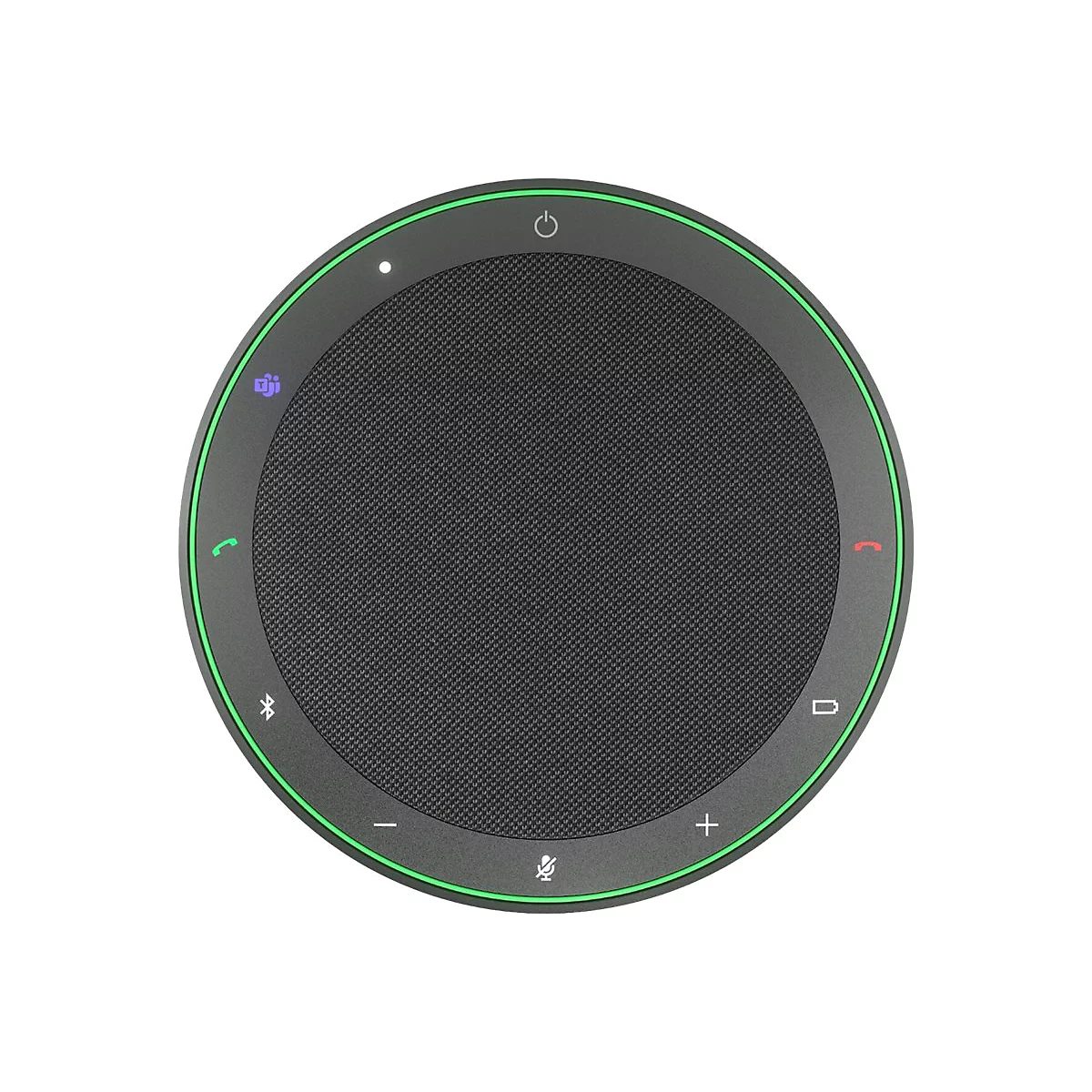 Haut-parleur noir rond avec bordure verte et symboles verts et rouges, tels que prise d'appel, raccrocher et volume.