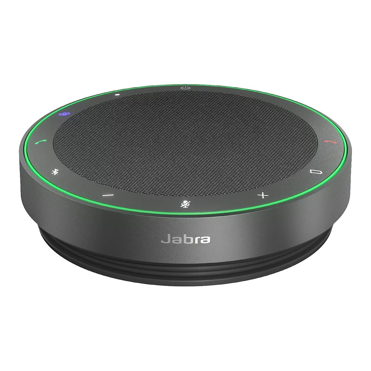 Haut-parleur Jabra rond et noir. Bord vert avec boutons, symboles de microphone et de volume. Le logo Jabra est en bas.