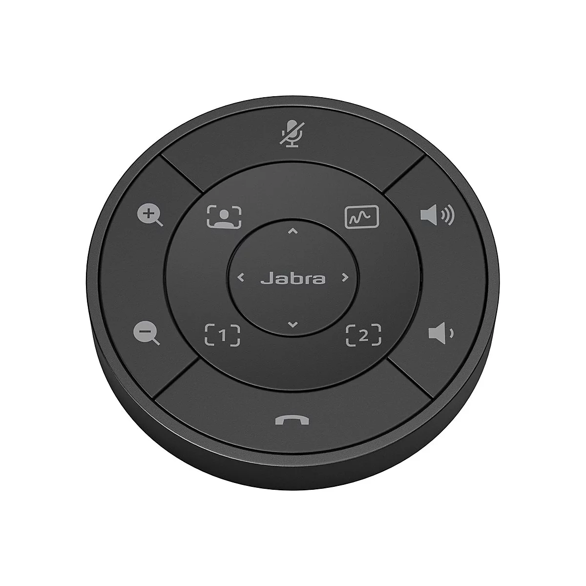 Contrôleur Jabra rond, noir, avec des boutons et des icônes pour le microphone, le volume, la prise d'appel.