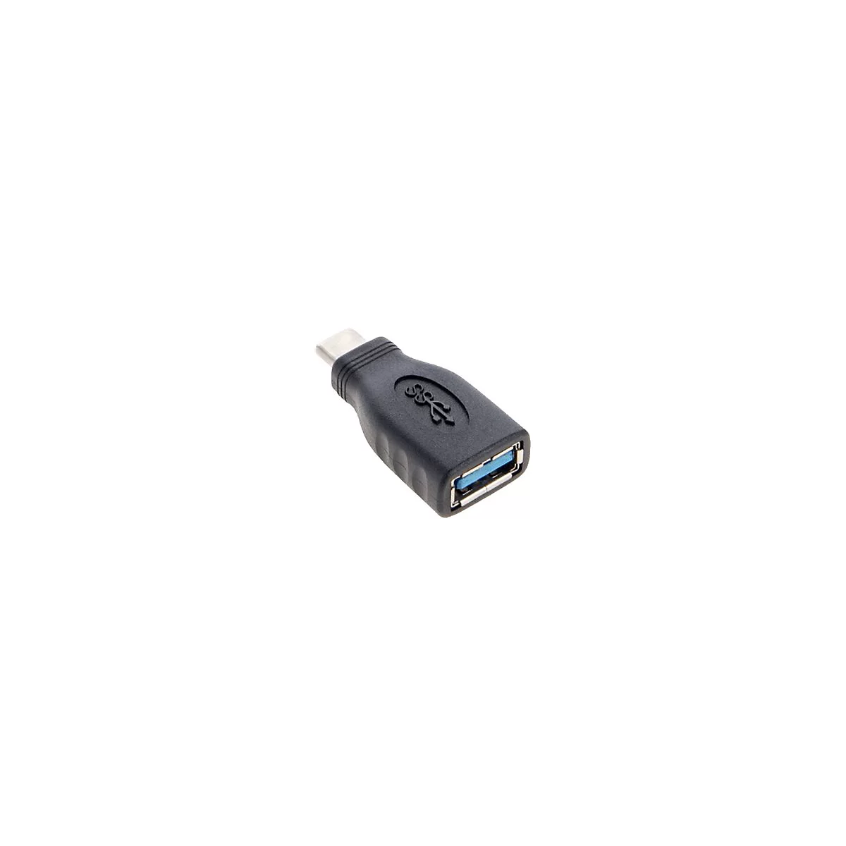 Schwarzer USB-C-auf-USB-3.0-Adapter, mit USB-3.0-Symbol.