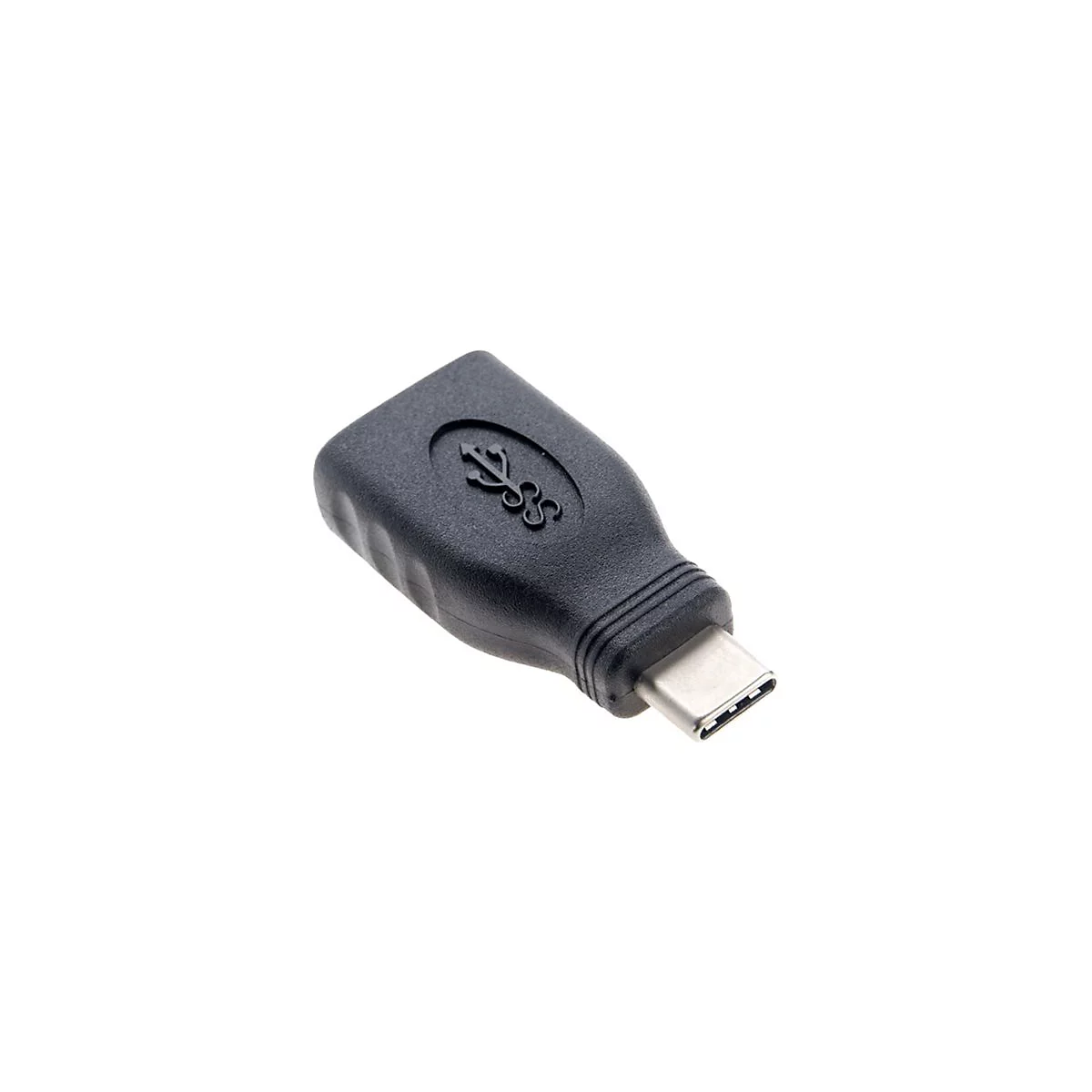 Schwarzer USB-C-Adapter. An einem Ende ein USB-C-Stecker, am anderen Ende der USB-Typ-A-Anschluss. Das USB-Symbol ist auf der Oberfläche.