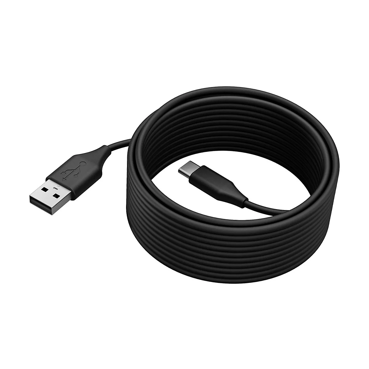 Schwarzes USB-Kabel, gerollt. Ein USB-A-Stecker und ein USB-C-Stecker sind sichtbar.