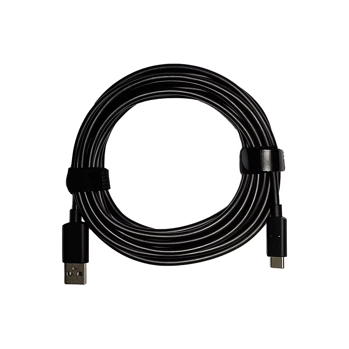 Schwarzes USB-Kabel, das zu einer Rolle geformt ist, mit Klettverschluss gebündelt, USB-A- und USB-C-Anschlüsse.