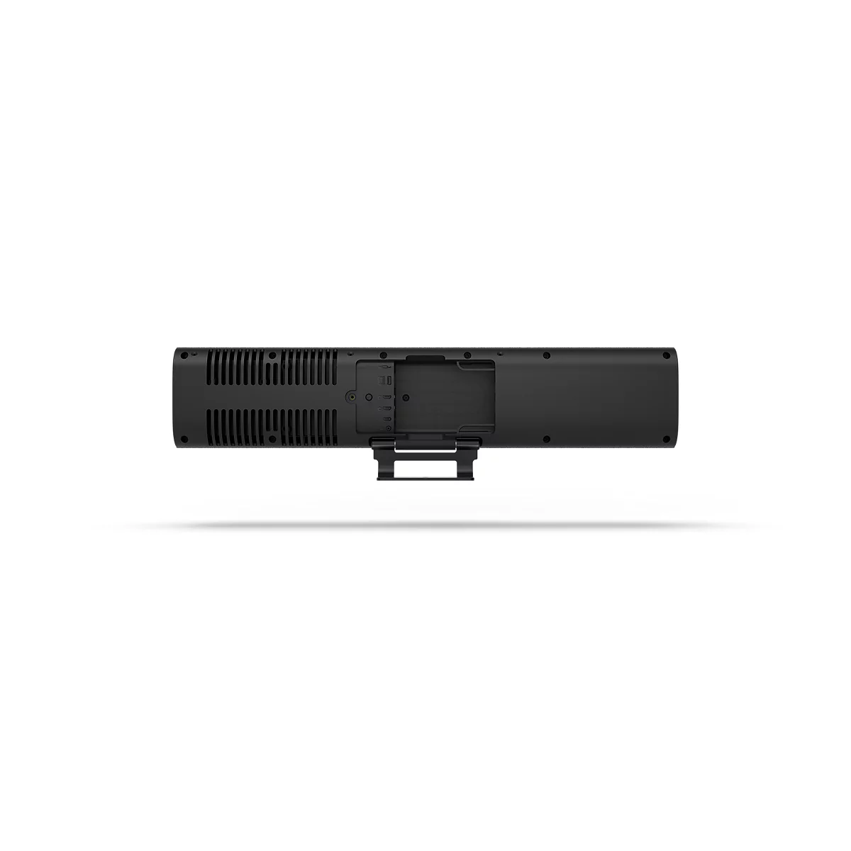 Rückseite einer schwarzen Videokonferenz-Soundbar mit mittigem Standfuß vor weißem Hintergrund.