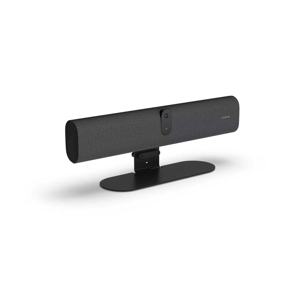 Schwarze Videokonferenz-Soundbar auf einem ovalen Standfuß vor weißem Hintergrund.