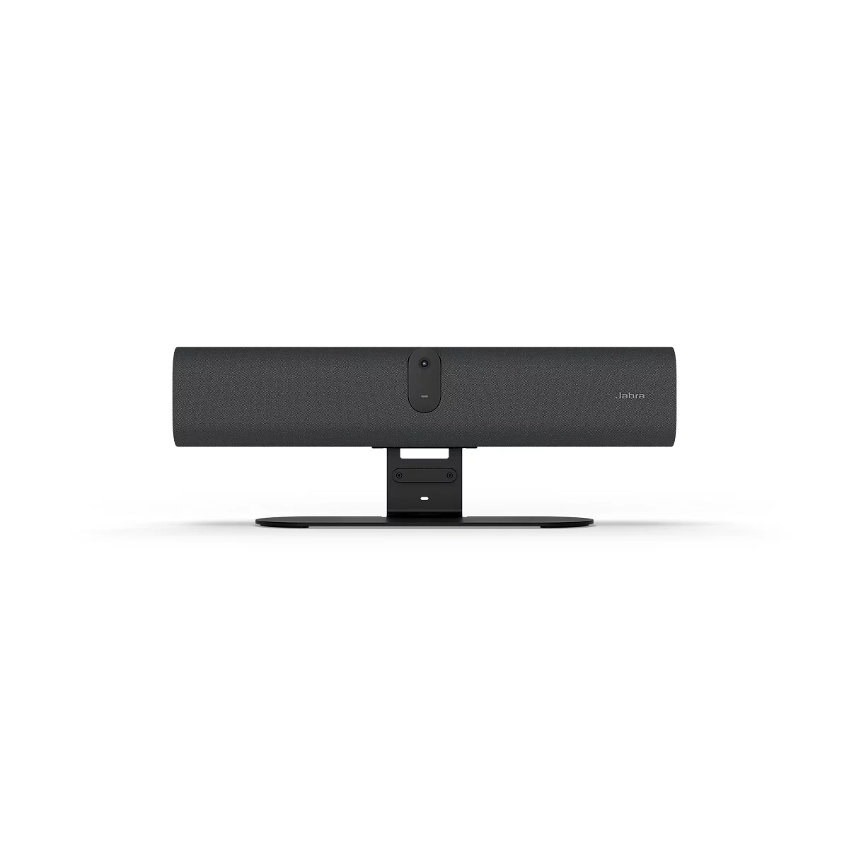 Schwarze Jabra Videokonferenz-Kamera mit integrierter Soundbar auf einem Standfuß vor weißem Hintergrund.