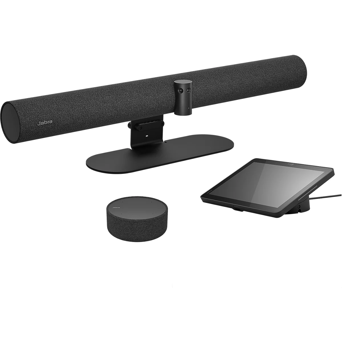 Videokonferenz-Set von Jabra: Soundbar mit Kamera, runder Lautsprecher und Touch-Controller auf weißem Hintergrund.
