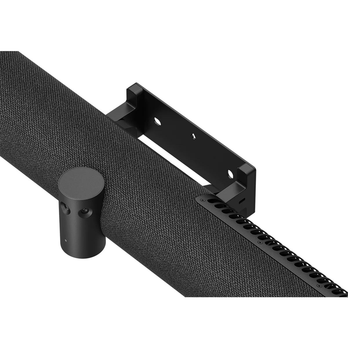 Nahaufnahme einer schwarzen Soundbar mit integrierter Wandhalterung vor weißem Hintergrund.
