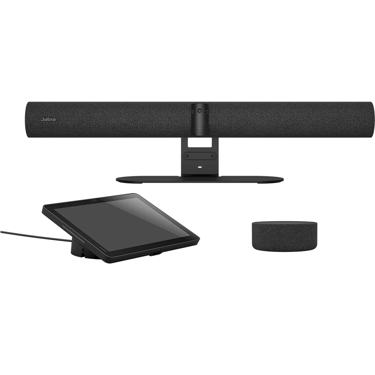 Eine Videokonferenzanlage bestehend aus einer schwarzen Soundbar mit Kamera, einem Tablet-Controller und einem runden Mikrofon.