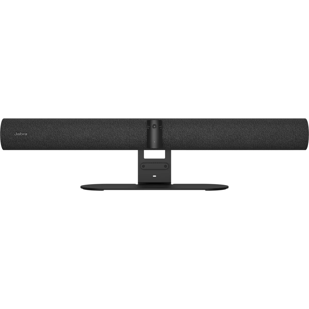 Schwarze Jabra Videokonferenz-Leiste auf einem stabilen Standfuß vor weißem Hintergrund.