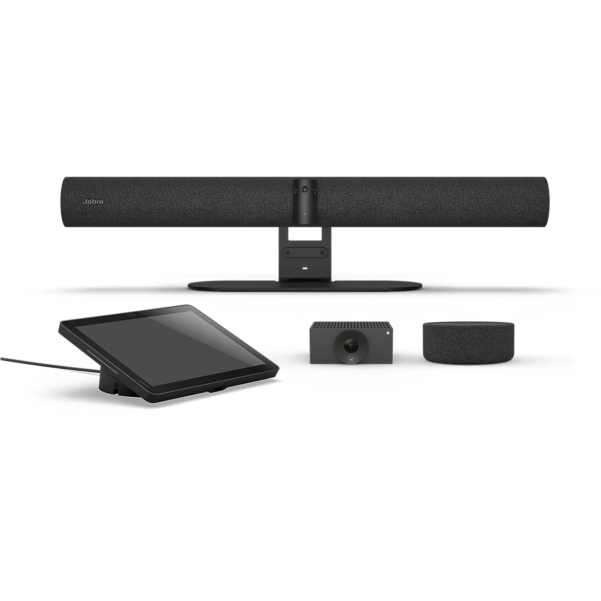 Videokonferenz-Set mit Soundbar, Touch-Controller, Kamera und Speakerphone auf weißem Hintergrund.