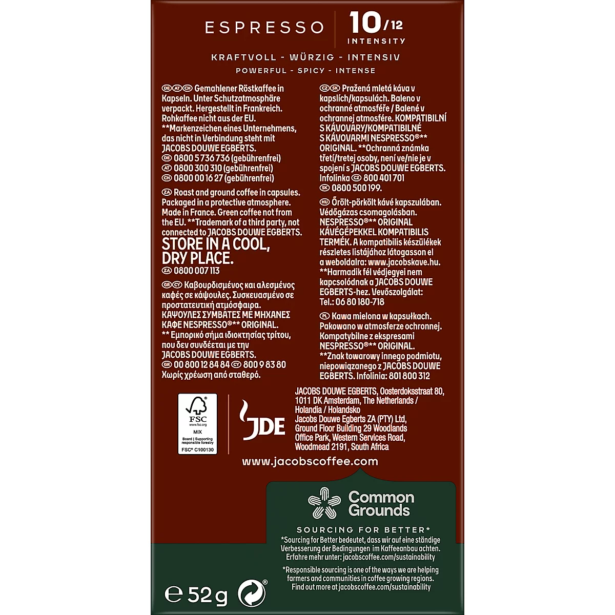Jacobs Espresso 10 Intenso Kaffeekapseln, Röstkaffee, 10 x 52 g, Nespresso®-kompatibel, gemahlen