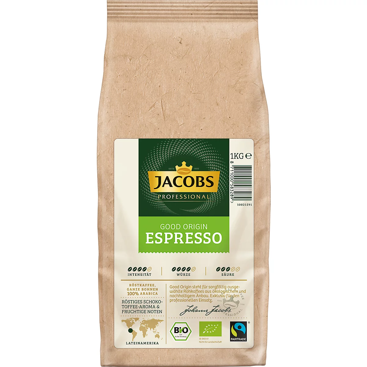 Jacobs Good Origin Espresso, 1 kg, hele bonen, biologisch &amp; Fairtrade, geroosterd-zoet, met toffeesmaak