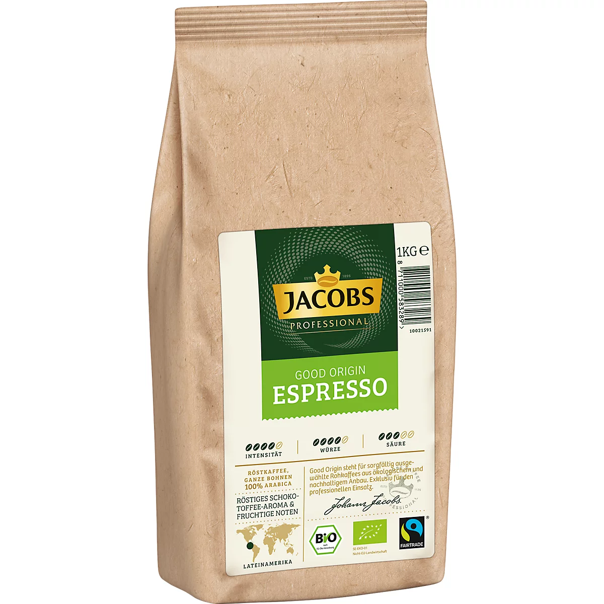 Jacobs Good Origin Espresso, 1 kg, hele bonen, biologisch &amp; Fairtrade, geroosterd-zoet, met toffeesmaak