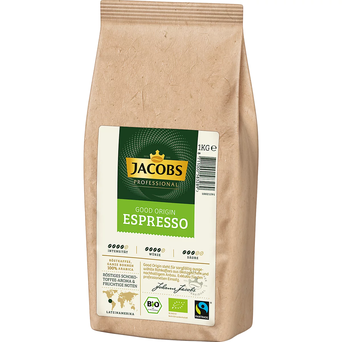 Jacobs Good Origin Espresso, 1 kg, hele bonen, biologisch &amp; Fairtrade, geroosterd-zoet, met toffeesmaak