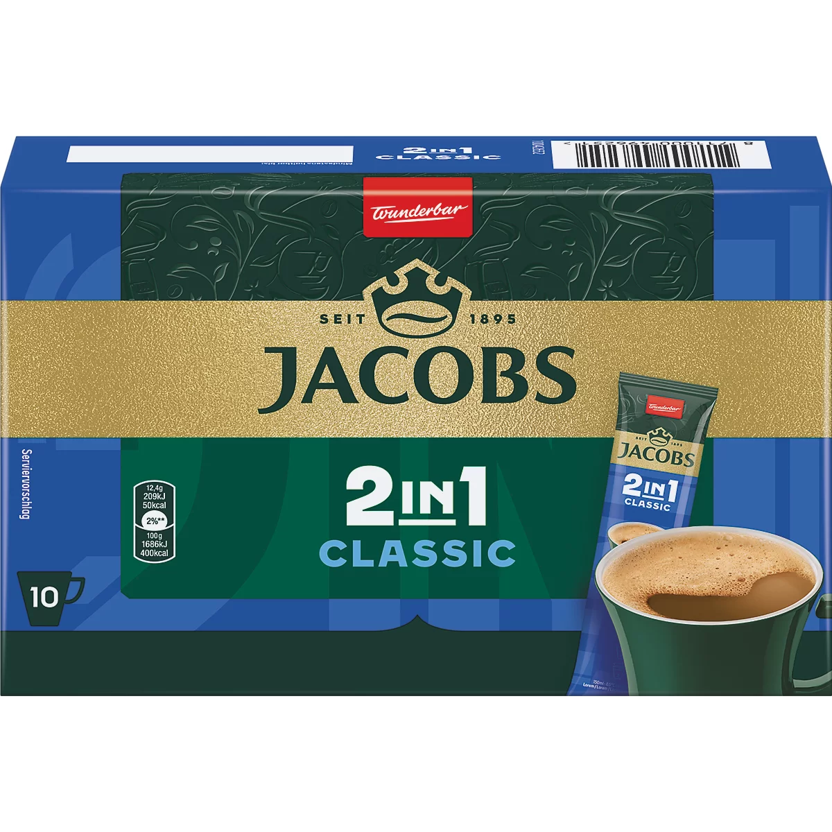 Jacobs 2in1 Classic Kaffee-Sticks Verpackung, 10 Stück enthalten.