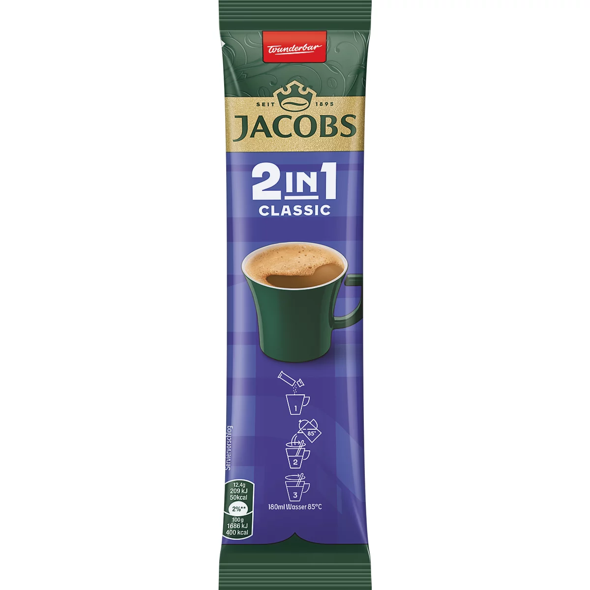 Jacobs 2in1 Classic Kaffeestick vor violettem Hintergrund mit Abbildung einer grünen Tasse Kaffee.