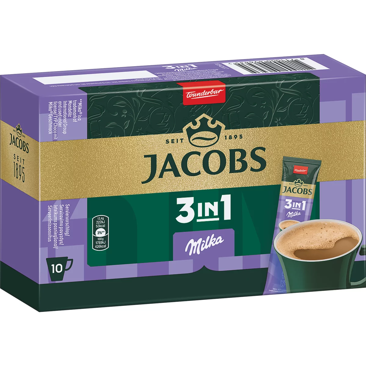 Jacobs 3in1 Milka Kaffeemischung in einer lila-grünen Verpackung mit 10 Sticks.