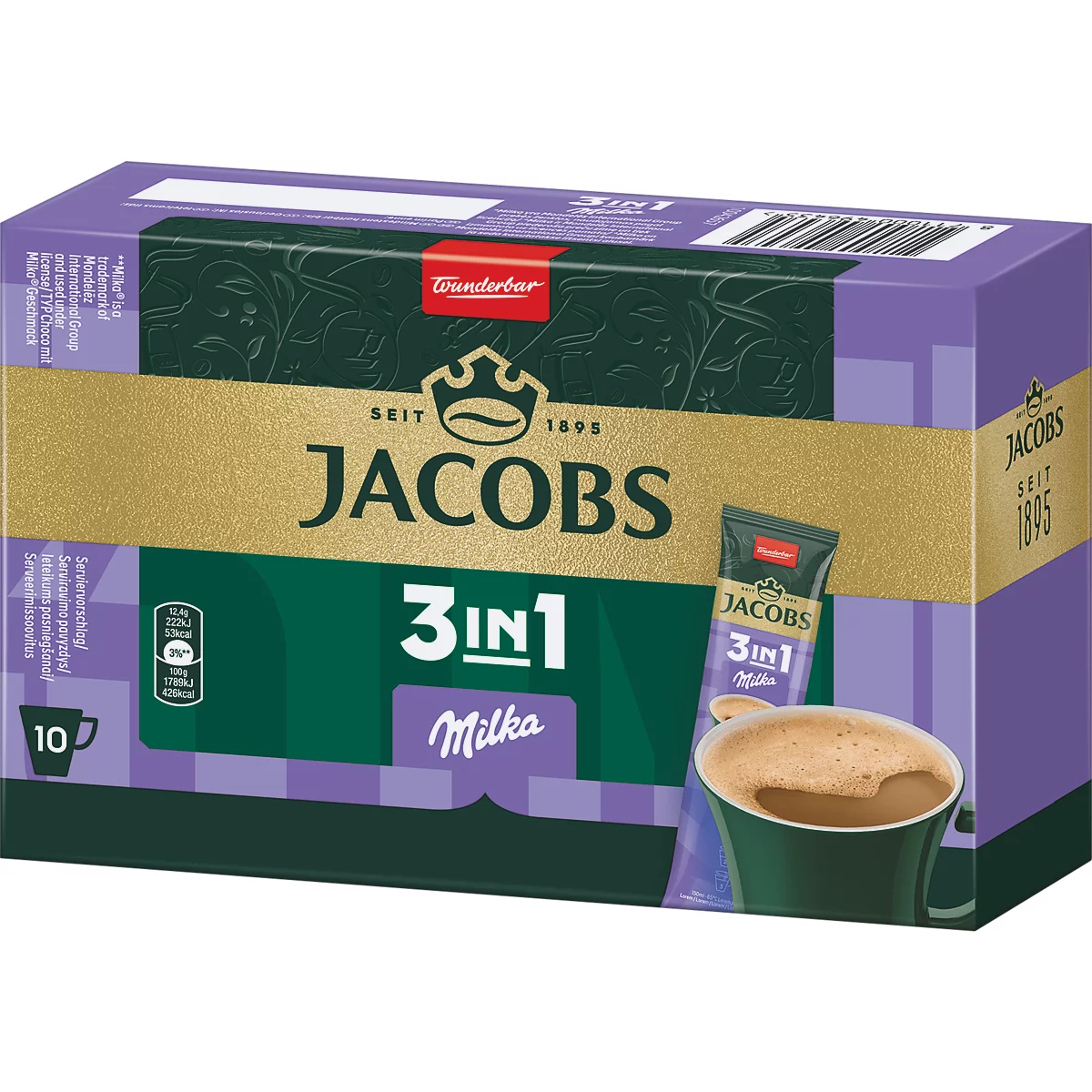 Packung Jacobs 3in1 Milka Kaffeemischung mit 10 Sticks.