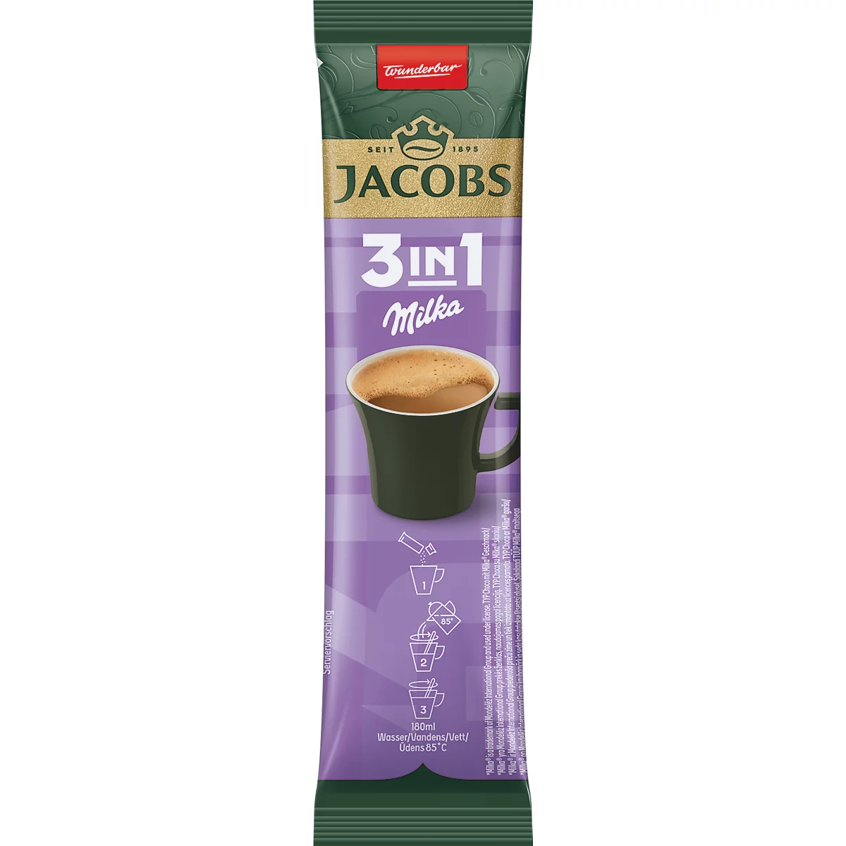 Jacobs 3in1 Milka Kaffeestick in violetter Verpackung mit Abbildung einer Tasse Kaffee und Zubereitungshinweisen.