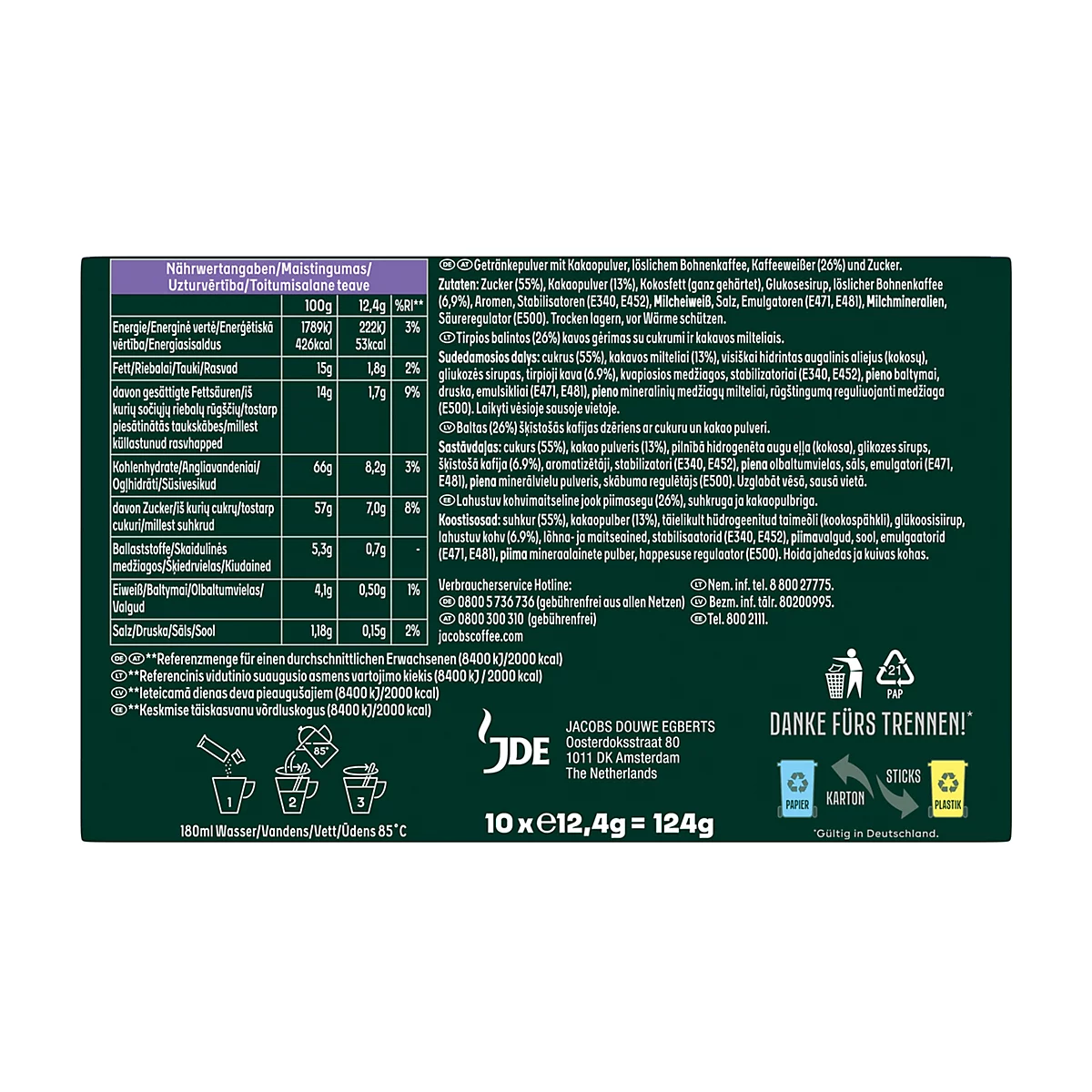 Rückseite einer Kaffeepulver-Verpackung mit Nährwerttabelle, Zutatenliste und Zubereitungshinweisen auf dunklem Hintergrund.