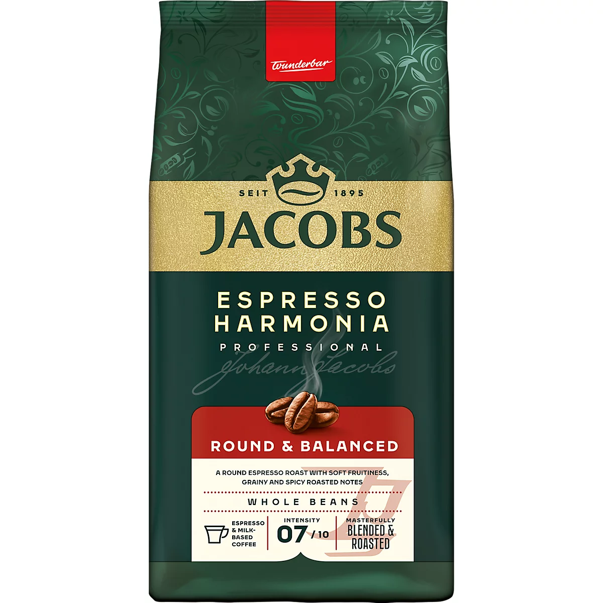Kaffeepackung von Jacobs Espresso Harmonia. Aufdruck: "Round & Balanced", ganze Bohnen. Rot, Grün, Gold.