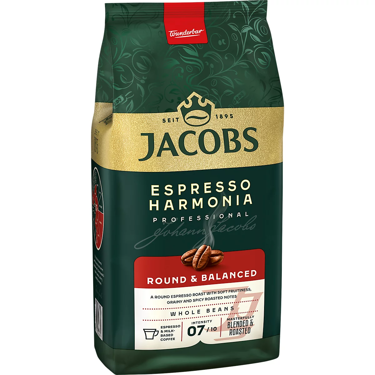 Grüne Kaffeeverpackung mit "Jacobs Espresso Harmonia", Kaffee Bohnen. Rot unterlegt steht "Round & Balanced".