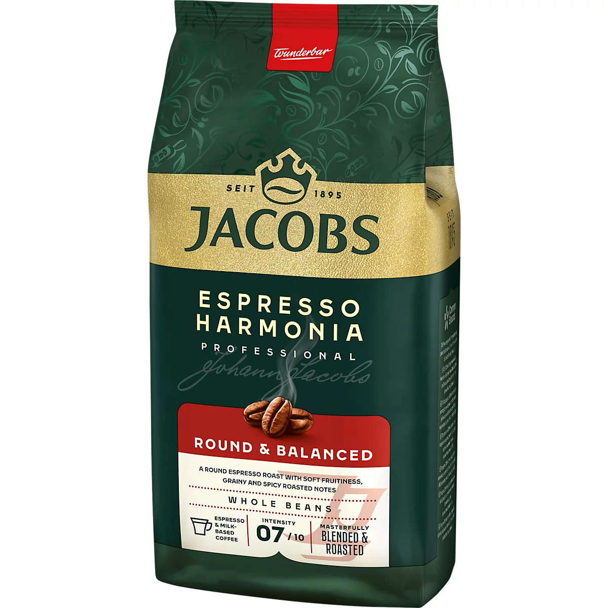 Kaffeepackung von Jacobs Espresso Harmonia. Aufschrift: Espresso Harmonia, Round & Balanced, ganze Bohnen, Intensität 7/10.