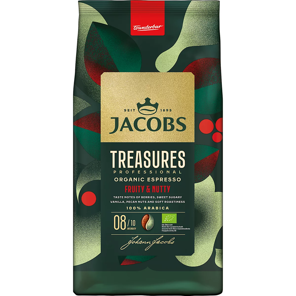 Kaffeepackung von Jacobs Treasures, dunkelgrüner Hintergrund, goldene Schrift. Aufschrift: Treasures, Organic Espresso, Fruity & Nutty, 100% Arabica.