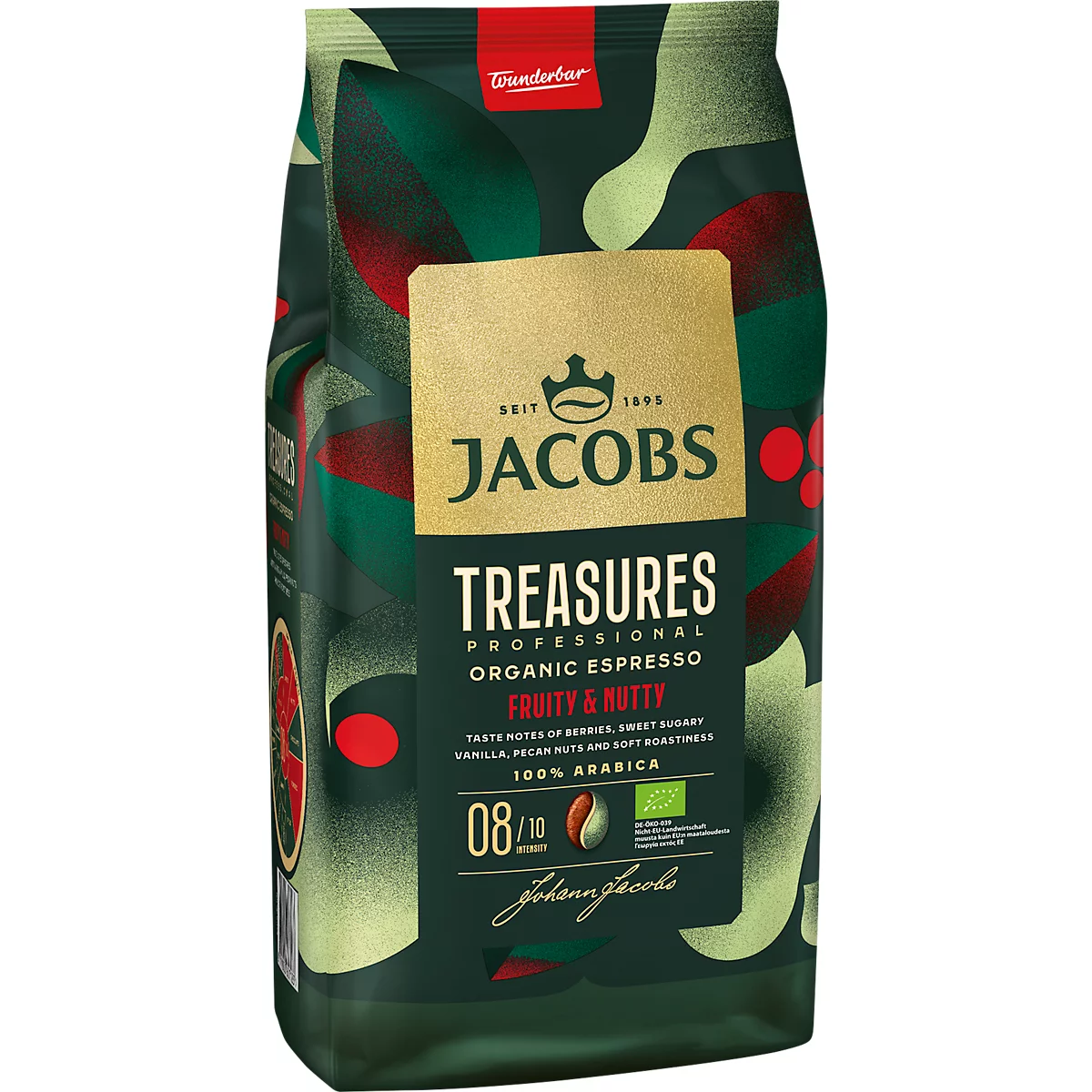 Jacobs Treasures Kaffeebeutel, grün-braunes Design, Aufschrift 'Fruity & Nutty'.