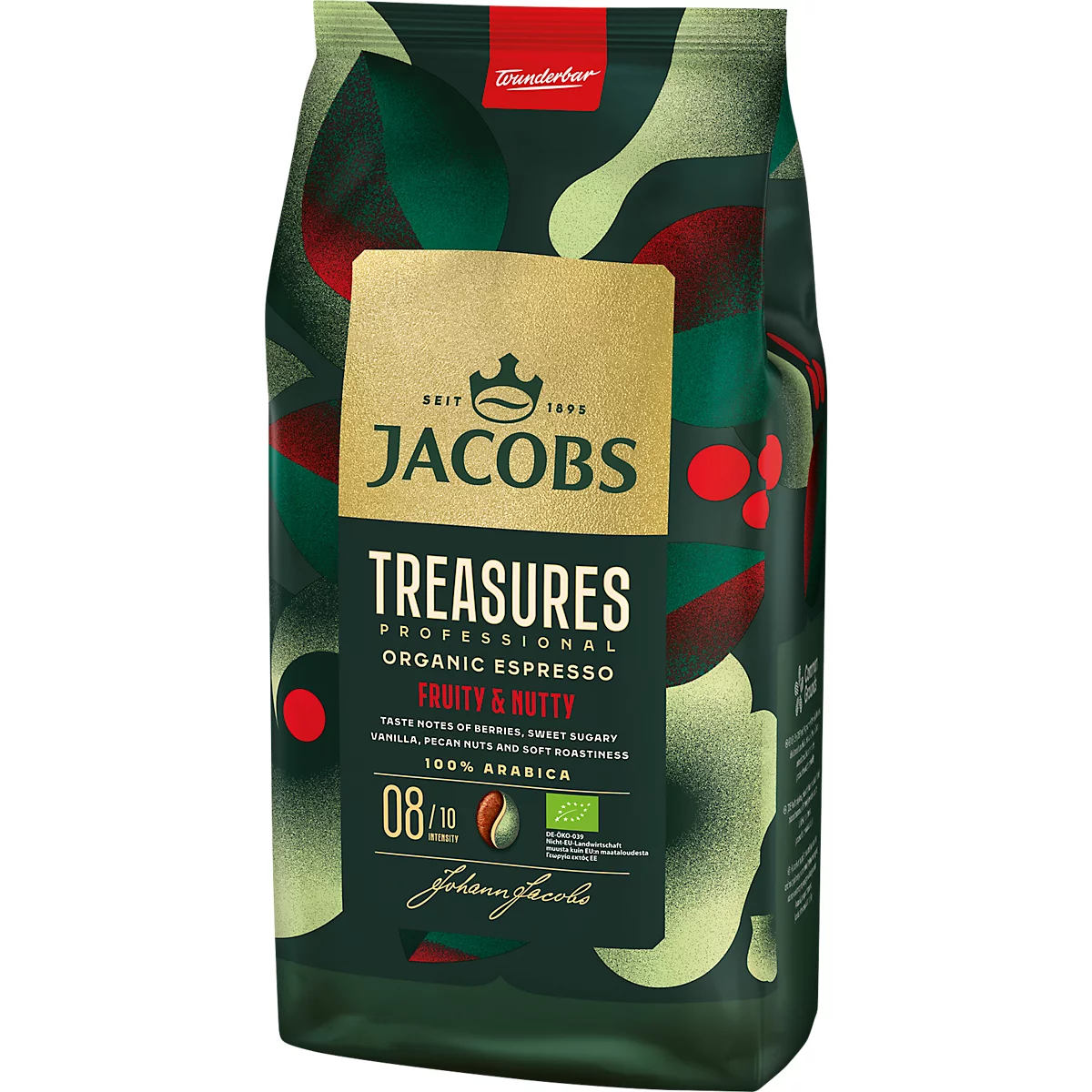 Eine Kaffeepackung mit der Aufschrift 'Jacobs Treasures'. Grün-rot-dunkelgrüner Hintergrund, goldener Textbereich.