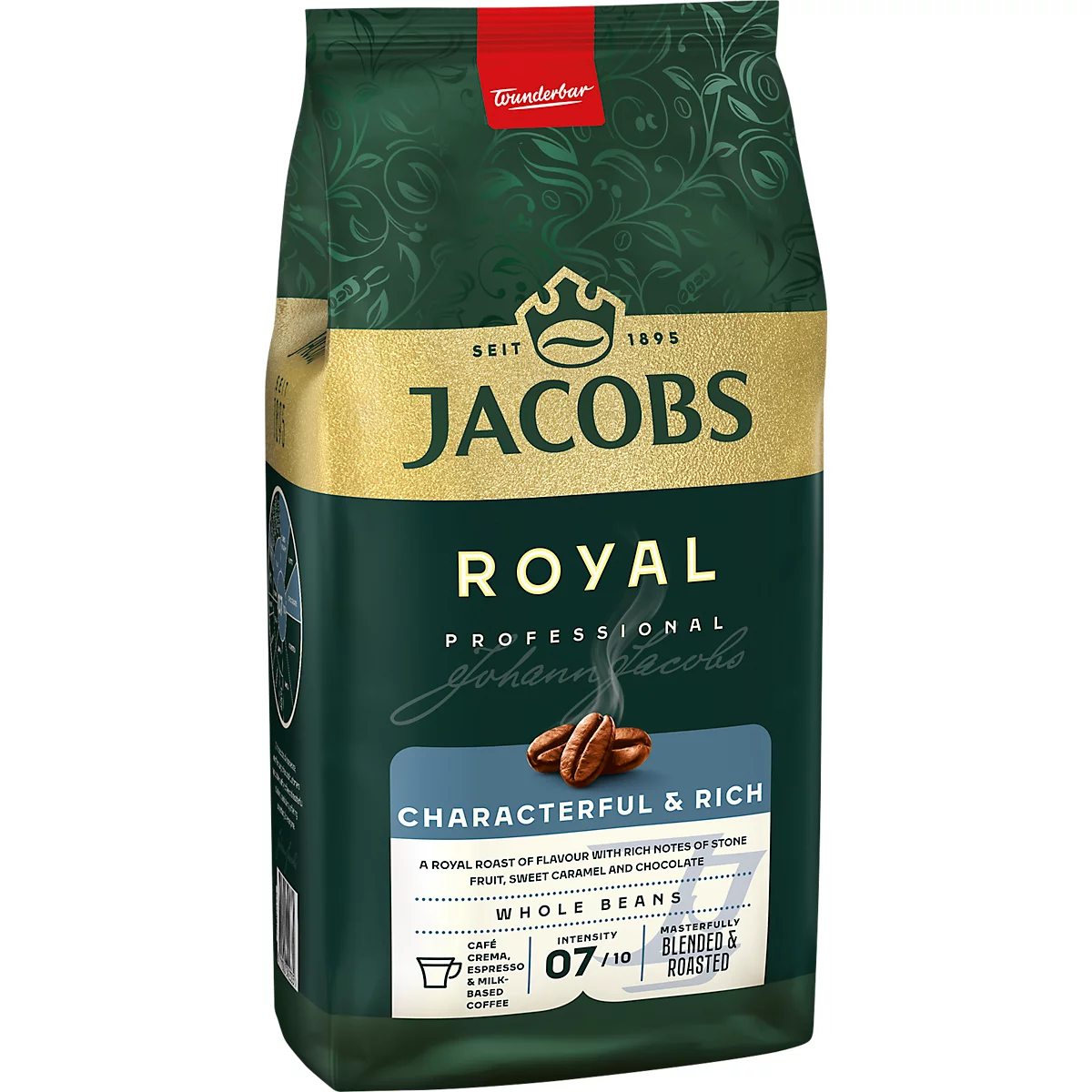 Paquet de café Jacobs Royal. Vert avec des accents dorés. Description du produit, illustration de grains de café et texte "Characterful & Rich".