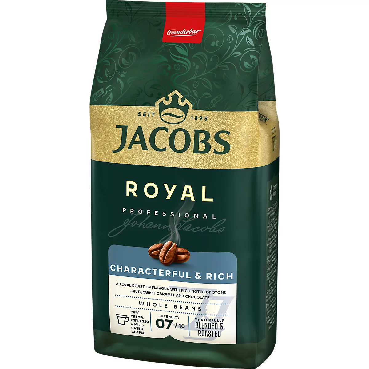 Paquet de café Jacobs Royal. Vert foncé, lettrage doré. Grains de café torréfiés, lettrage : "Characterful & Rich".