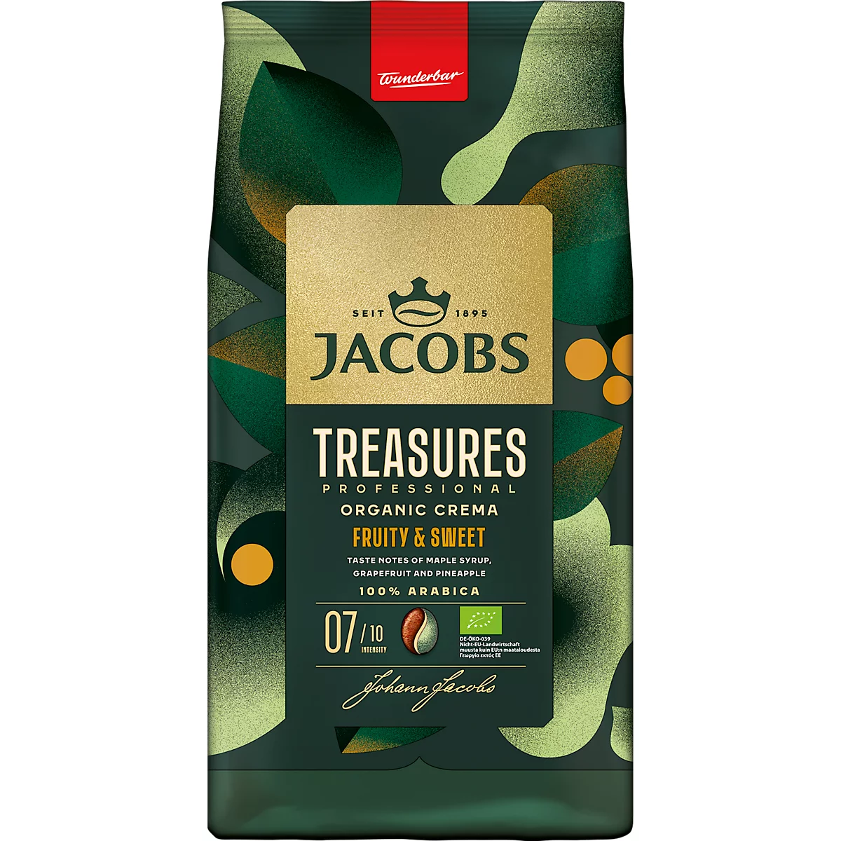 Paquet de café Jacobs Treasures, vert foncé avec un logo doré et les mots "Fruity & Sweet".