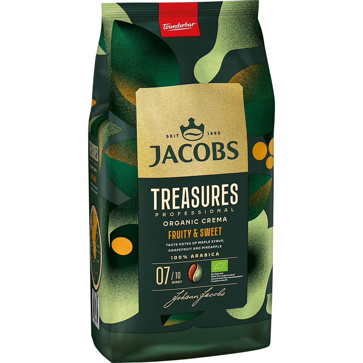 Paquet de café Jacobs Treasures, vert, lettrage doré. Inscription : Fruity & Sweet, 100 % Arabica, Johann Jacobs.