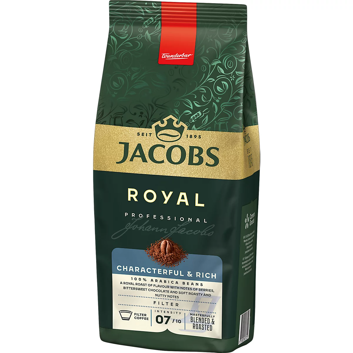 Paquet de café Jacobs Royal. Vert avec lettrage doré, dont "Jacobs Royal", intensité 07/10. Illustration de poudre de café.